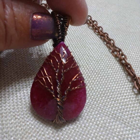 Rustic FACETED RUBY Handmade COPPER WIRE-WRAPPED TREE Pendant/Chain #181C - Picture 3 of 3